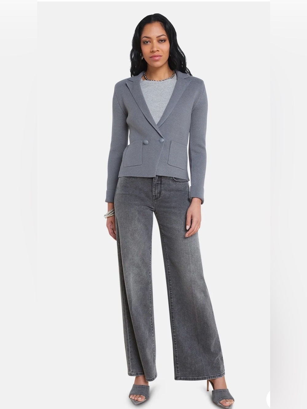 L’AGENCE Womens Gray Knit Blazer Cardigan Cotton Blend Button Jacket Pocket M